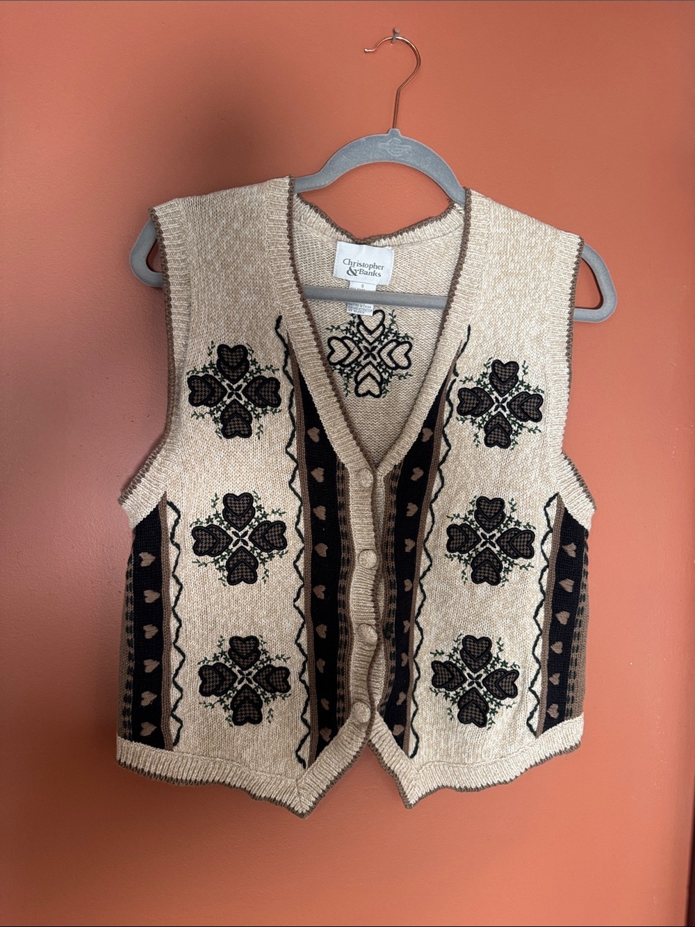 Vintage Christopher & Banks Cream and Brown Embroidered V-Neck Sweater Vest